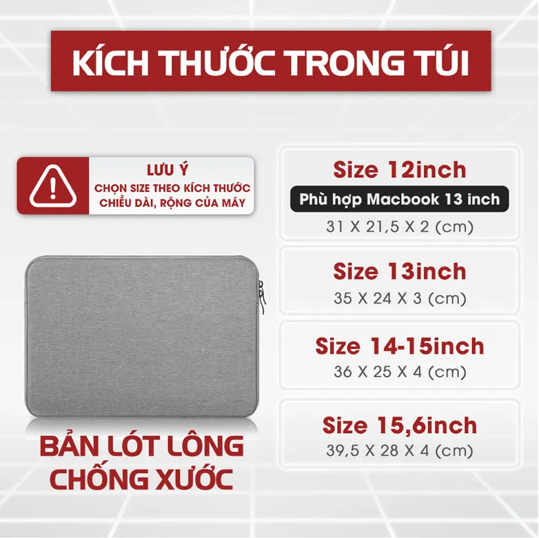 size túi chống sốc laptop theo